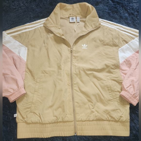 Adidas youth windbreaker full zip jacket size 14-15 vintage style tan/pink/white - Picture 2 of 6